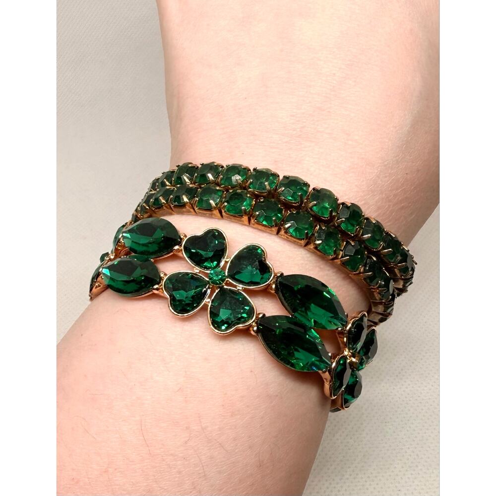 Green Rhinestone Stretch Bracelet Set Gold Tone Clover Marquise Trio